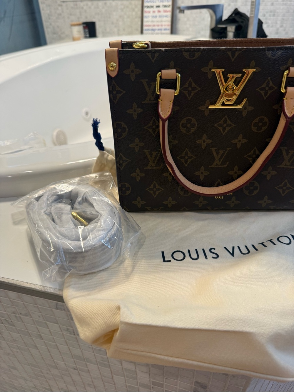 LV Monogram Canvas Tote with Red Trim and Gold Hardware - Picture 2 of 11